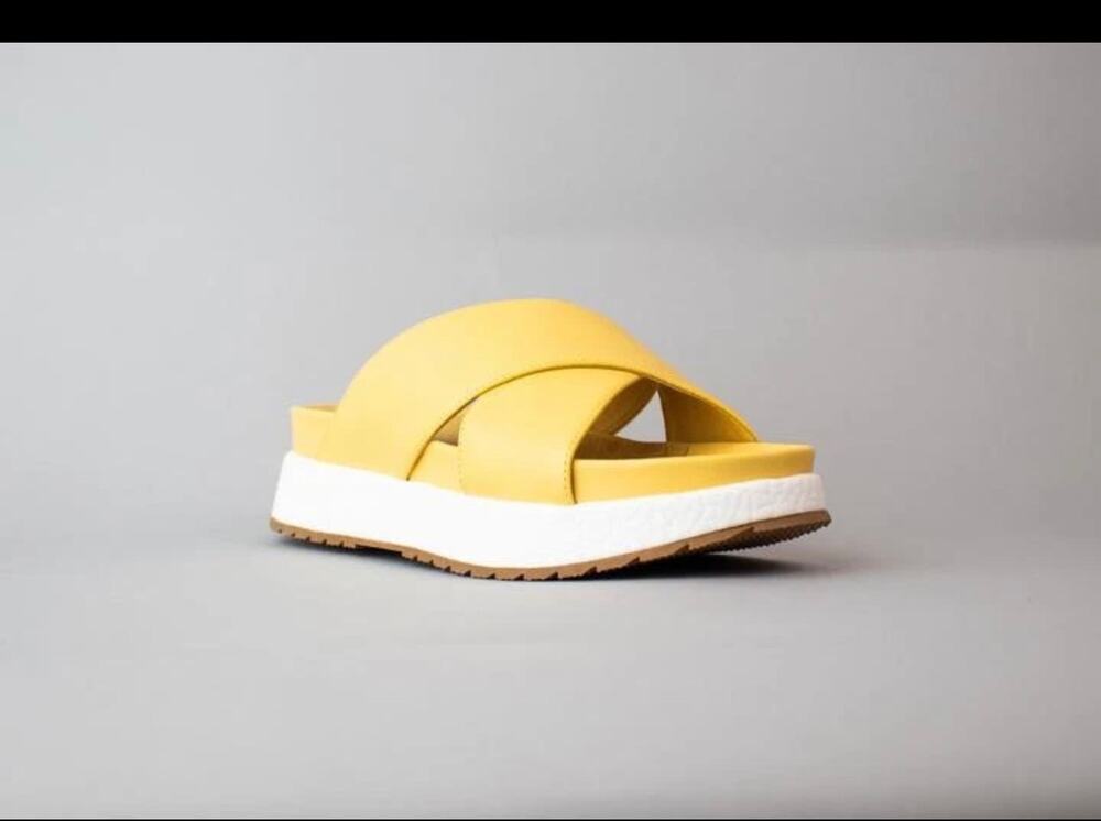 Cecelia New York yellow platform criss cross straps wedge slide mule sandals 8.5